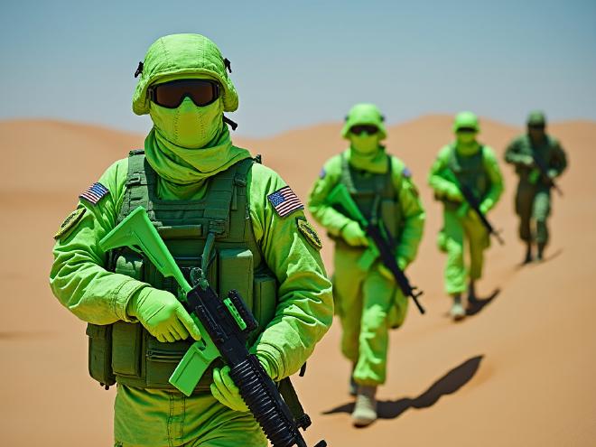 Soldiers wearing forest camouflage in desert terrain